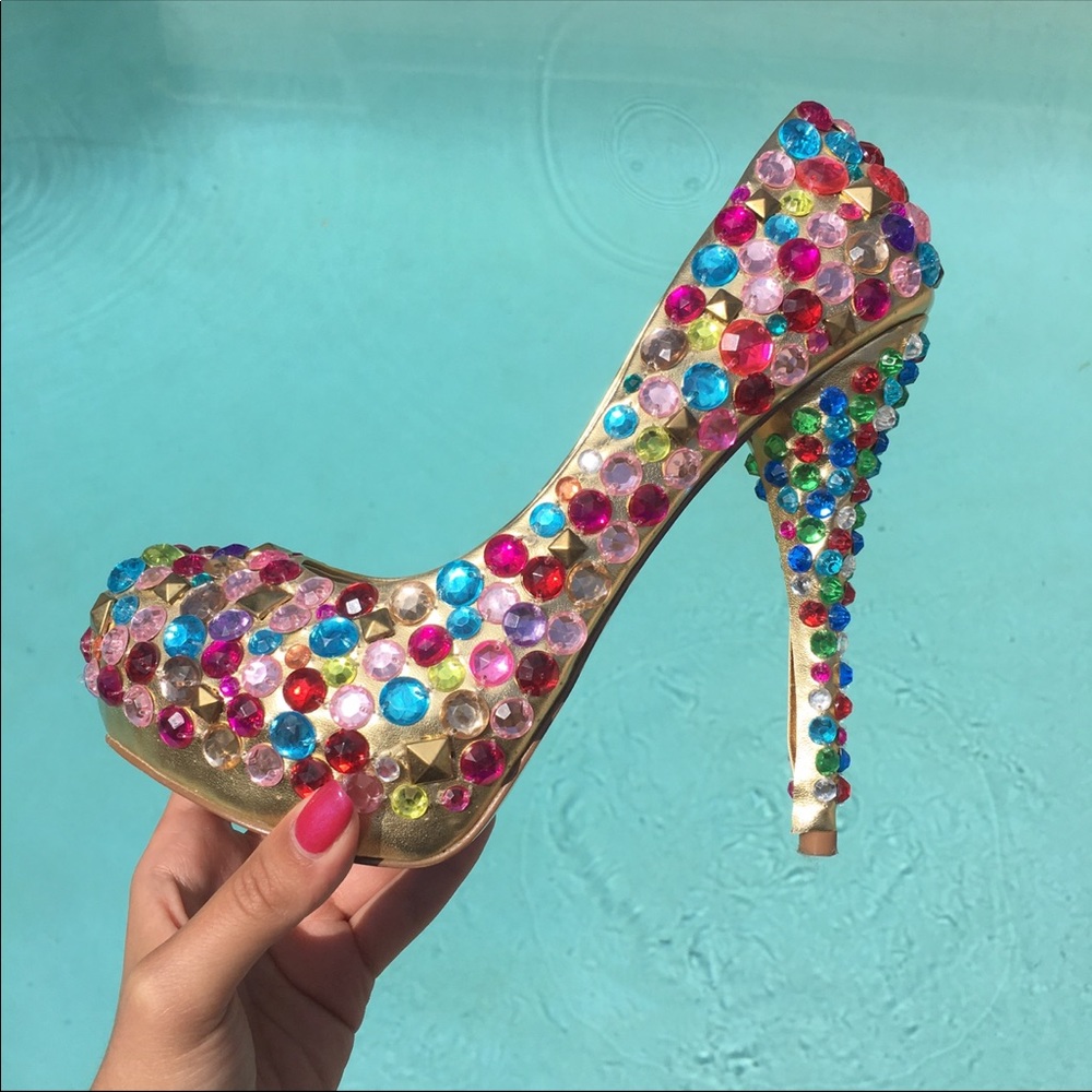 Multi Color Beaded Rhinestone Metallic Heels - Picture 2 of 8